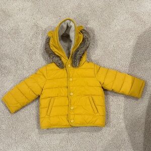 Baby Boden Yellow Puffer Jacket with Faux Fur Trim
